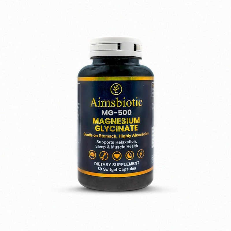 Aimbiotic MG-500 Magnesium Glycinate supplement bottle on a white background