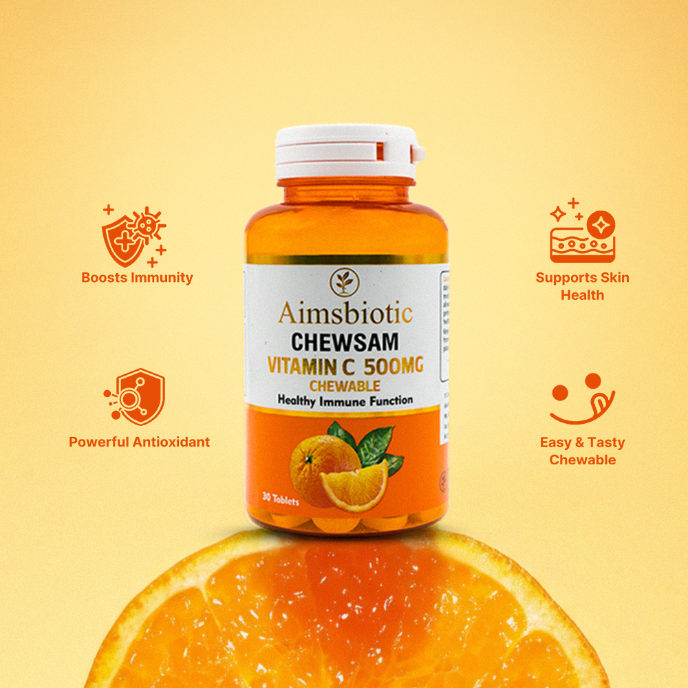 Aimsgbiotic Chewsam Vitamin C 500MC chewable supplement bottle with orange slices on a yellow background