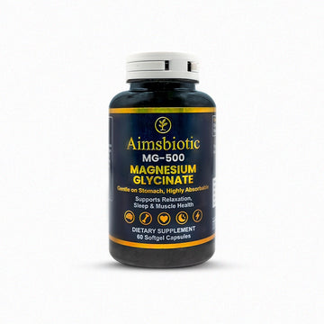 Aimbiotic MG-500 Magnesium Glycinate supplement bottle on a white background