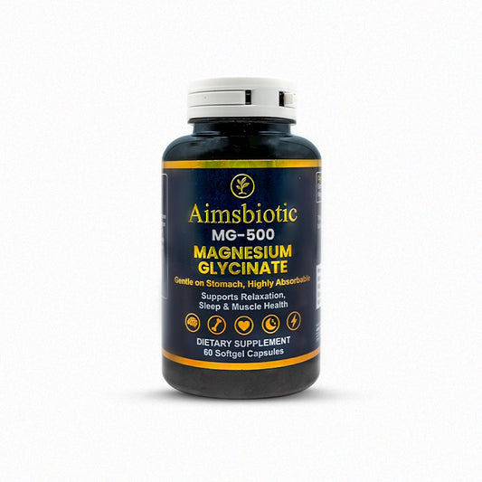 Aimbiotic MG-500 Magnesium Glycinate supplement bottle on a white background