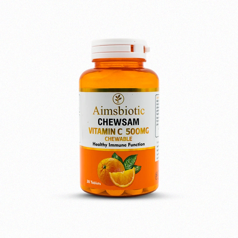 Aimbiotic Chewsam Vitamin C 500mg chewable supplement bottle on a white background