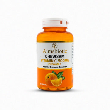Aimbiotic Chewsam Vitamin C 500mg chewable supplement bottle on a white background