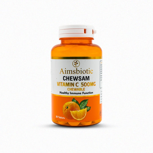 Aimbiotic Chewsam Vitamin C 500mg chewable supplement bottle on a white background